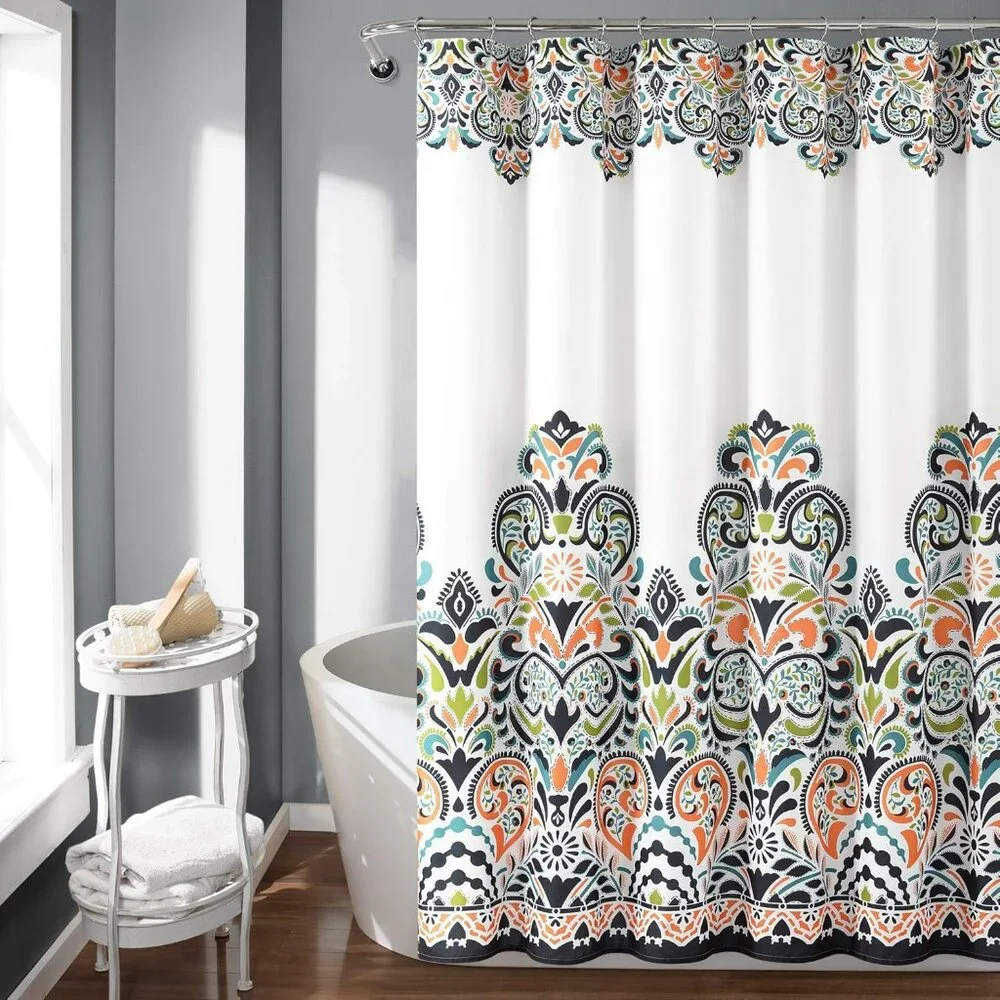 Boho Bohemian Moroccan Design Navy Orange Fabric Luxe Shower Curtain NEW PACKAGE